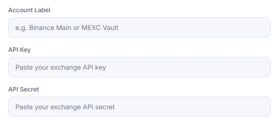 Actual workspace connection form with empty Account Label, API Key and API Secret fields